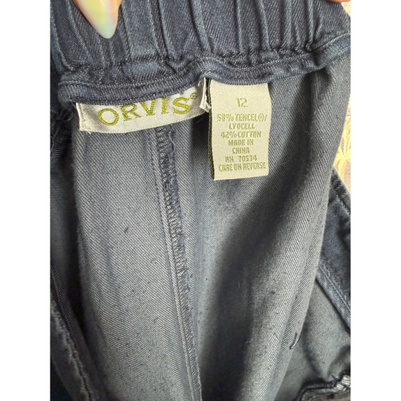 ORVIS Women Navy Blue Denim Tencel Cotton Midi Skirt Size 12 Elastic Waist - Picture 2 of 8